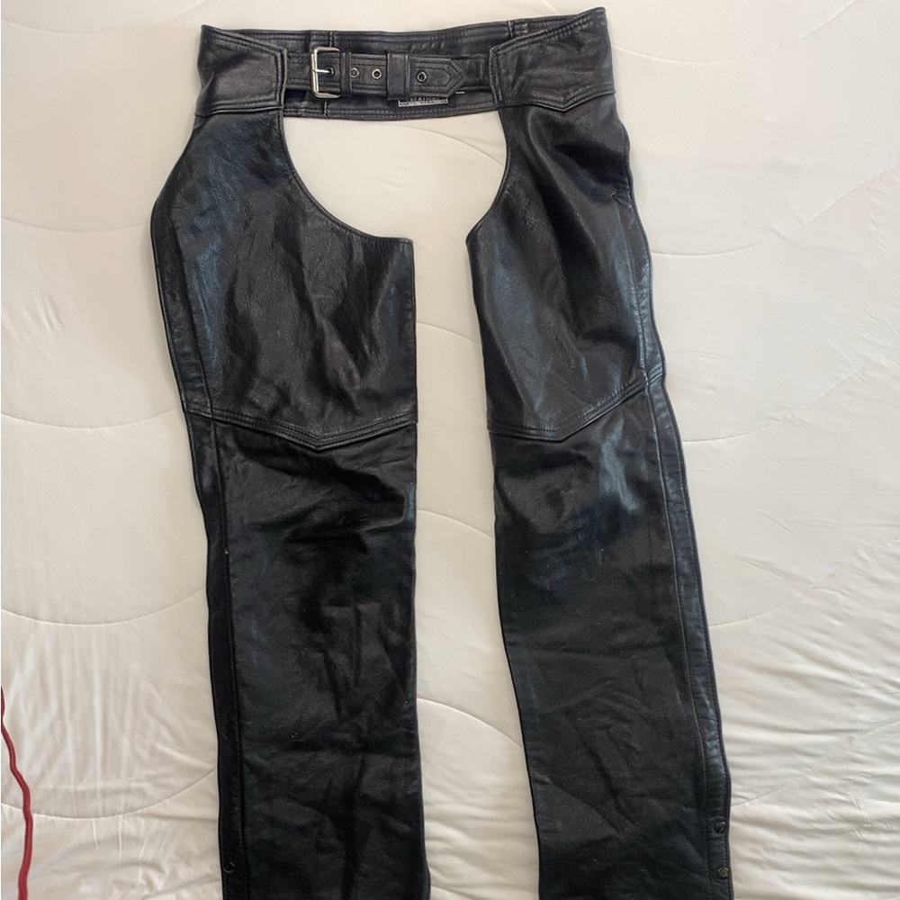 Vintage Black Leather Motorcycle Chaps with Made in U.S.A. Tag